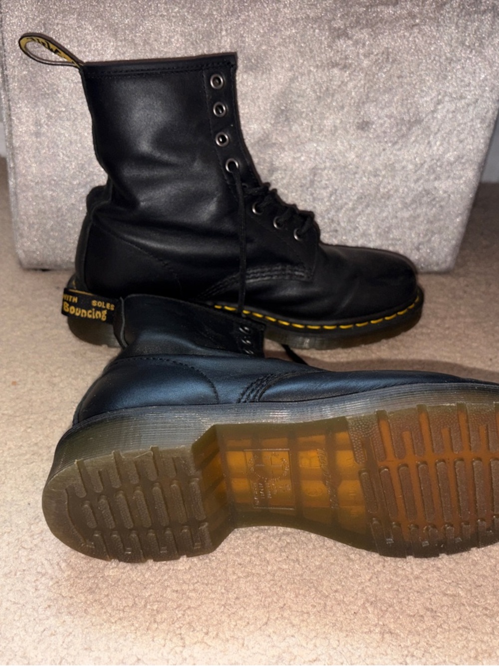 Dr. Martens Black Leather 8-Eye Combat Boots with Yellow Stitching